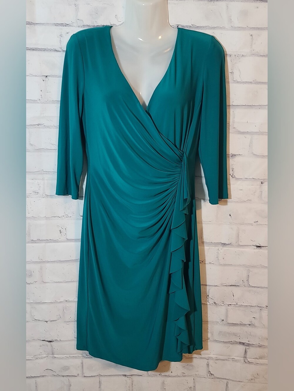 American Living V-Neck Teal Solid Wrap Sheath Ruched Dress sz 10 3/4 Sleeve